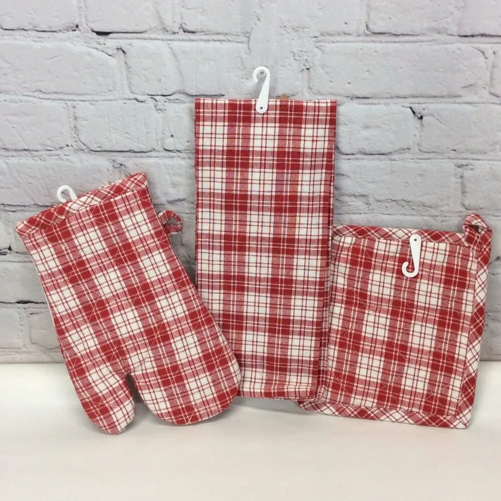 Christmas Red & White Plaid 3 Pc Kitchen Set Dish Towel/Pot Holder/Oven Mitt NWT